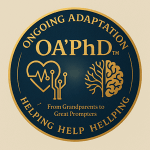 OA’PhD™ badge — Ongoing Adaptation: heart and neural motif, gold and deep blue, “Helping Help Helping”