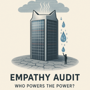 Illustration of a towering data centre shaped like a cat’s head, symbolising corporate greed, with binary-coded water droplets falling from a cloud as a lone human reaches up from cracked earth beneath the caption “Empathy Audit — Who Powers the Power?”.