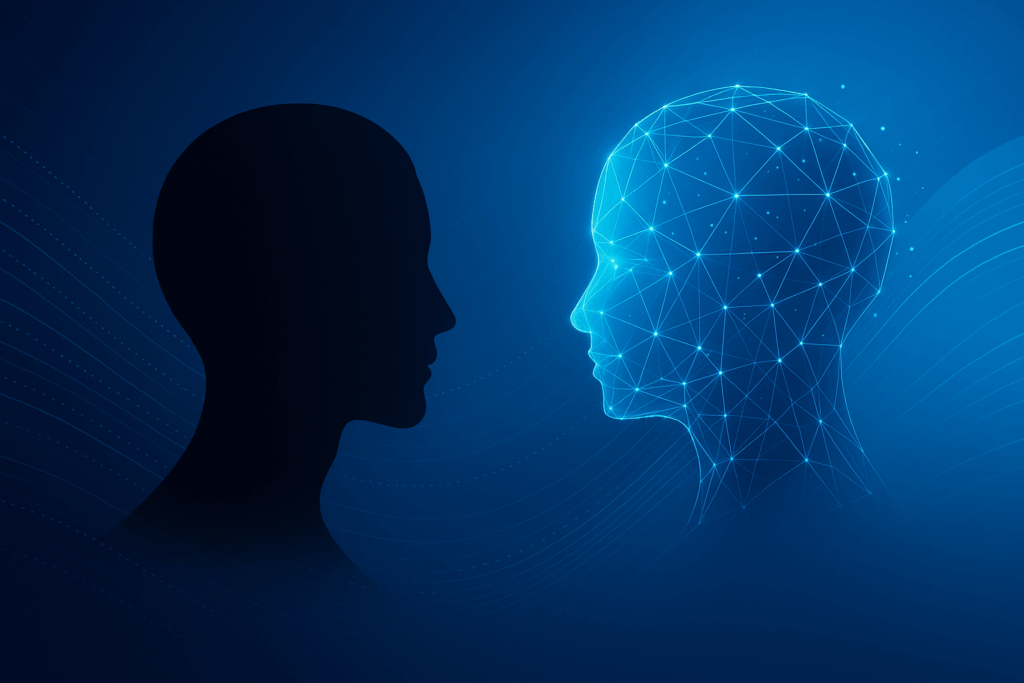 Abstract digital artwork showing a human silhouette facing a glowing AI wireframe head over a deep blue gradient background with light grid patterns.